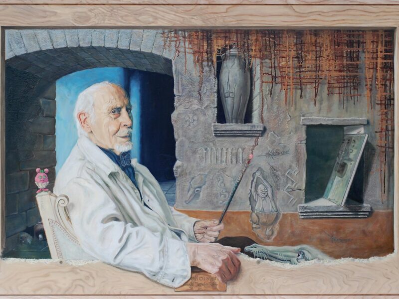 Portrait of Otto Frello that pays homage to his quirky fantasy world. 2013-14 Oil on MDF board £7,500:75.000kr_DSC_1604-colour-corrected (1)